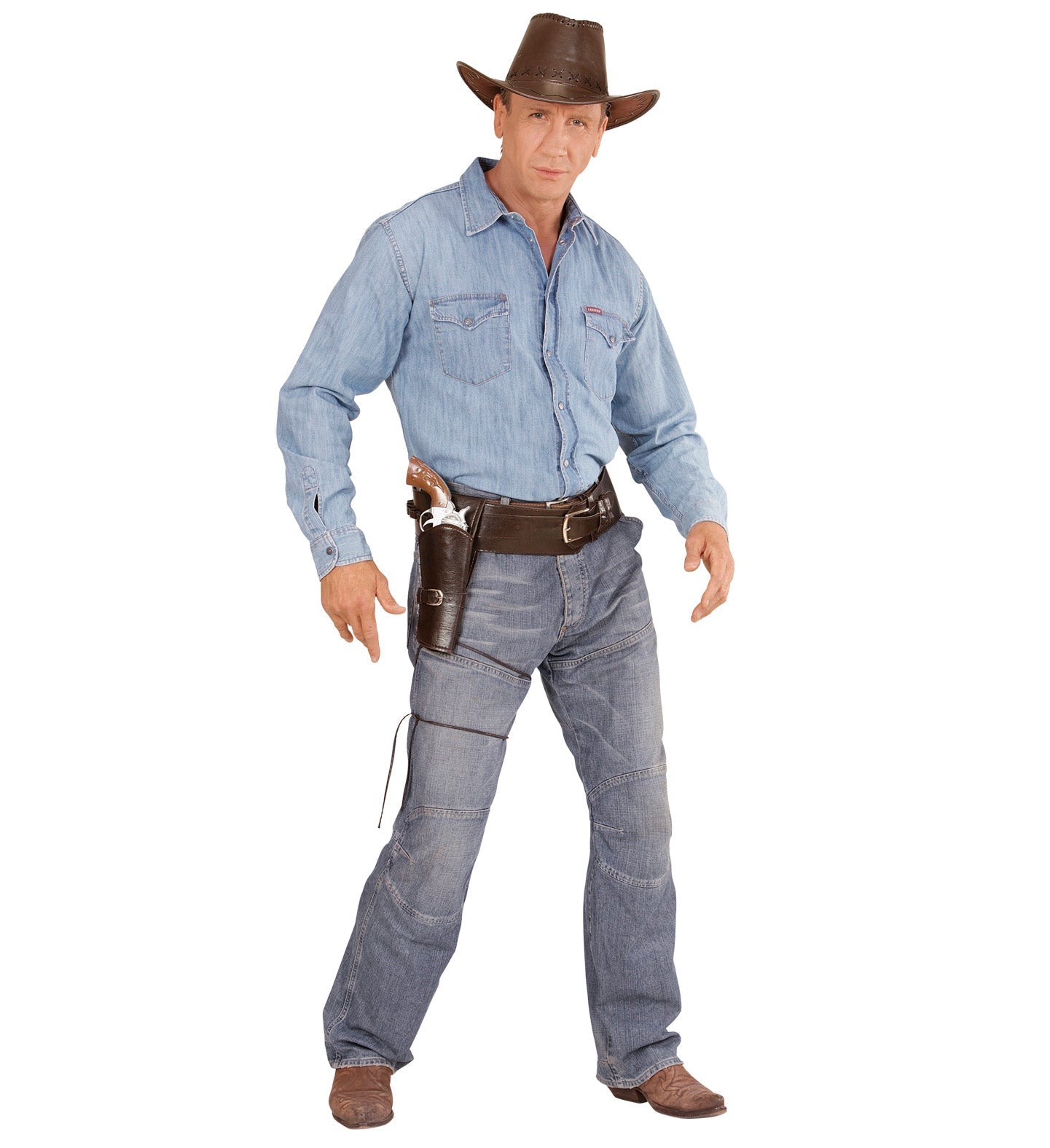 Man wearing a brown faux leather revolver holster with single pistol holder on belt.