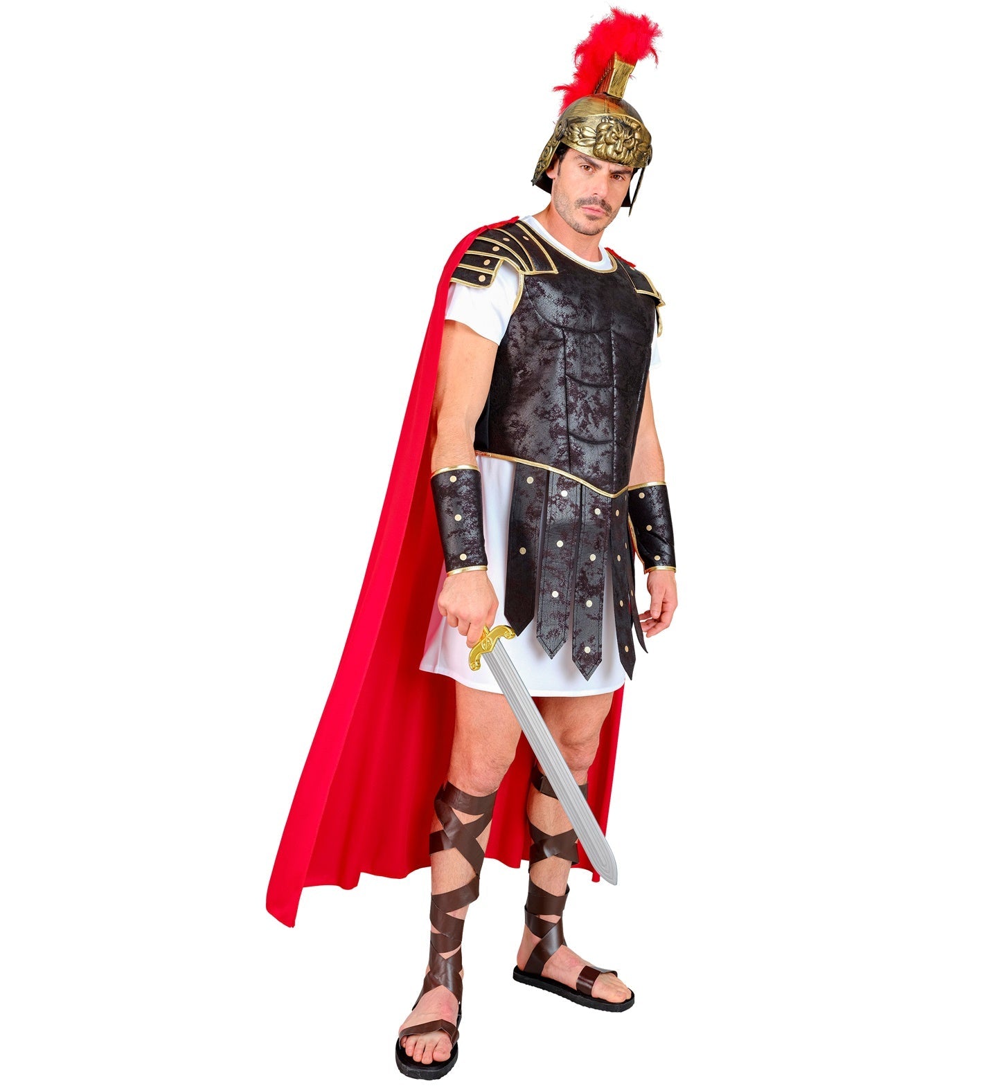 Man in Roman centurion costume with red cape, gold helmet, black armor, white tunic, bracers, and sword.