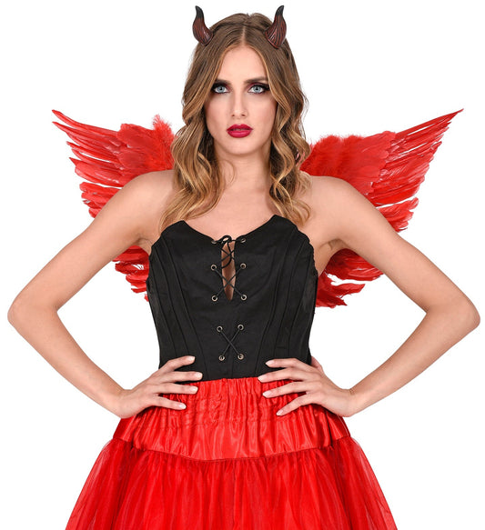 Große rote Federflügel 78x36 cm mit Schultergurt als Kostümzubehör.