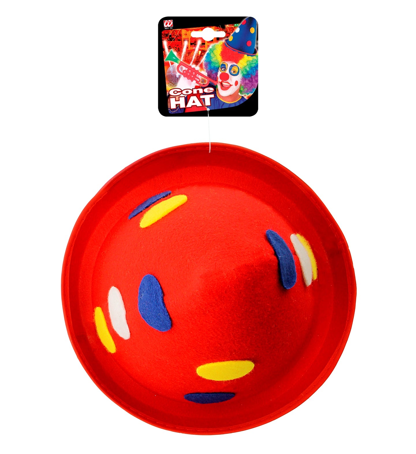 Kegelförmiger roter Clown Hut aus Filz mit bunten Punkten, ideal für Feste und Partys.