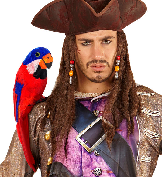 Leuchtend roter Papagei mit Federn als exotische Deko-Figur.