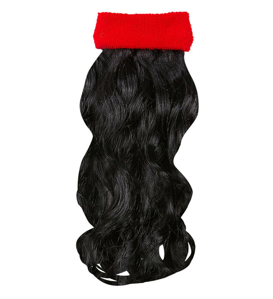 Rotes Stirnband mit schwarzem lockigem Haar als 80er Party-Accessoire.
