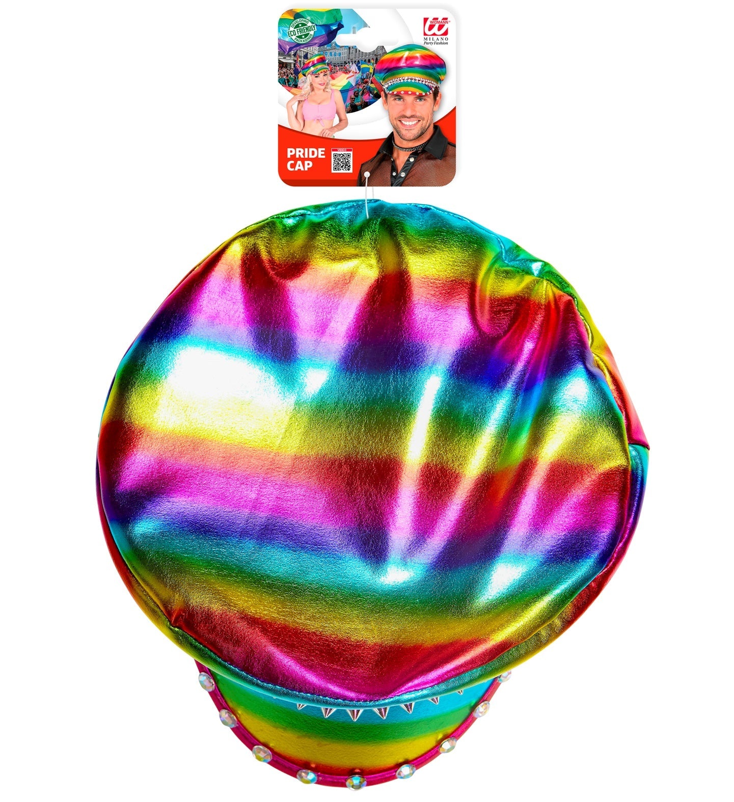 Regenbogen-Schirmmütze mit Steinen und Nieten aus glänzendem Material.