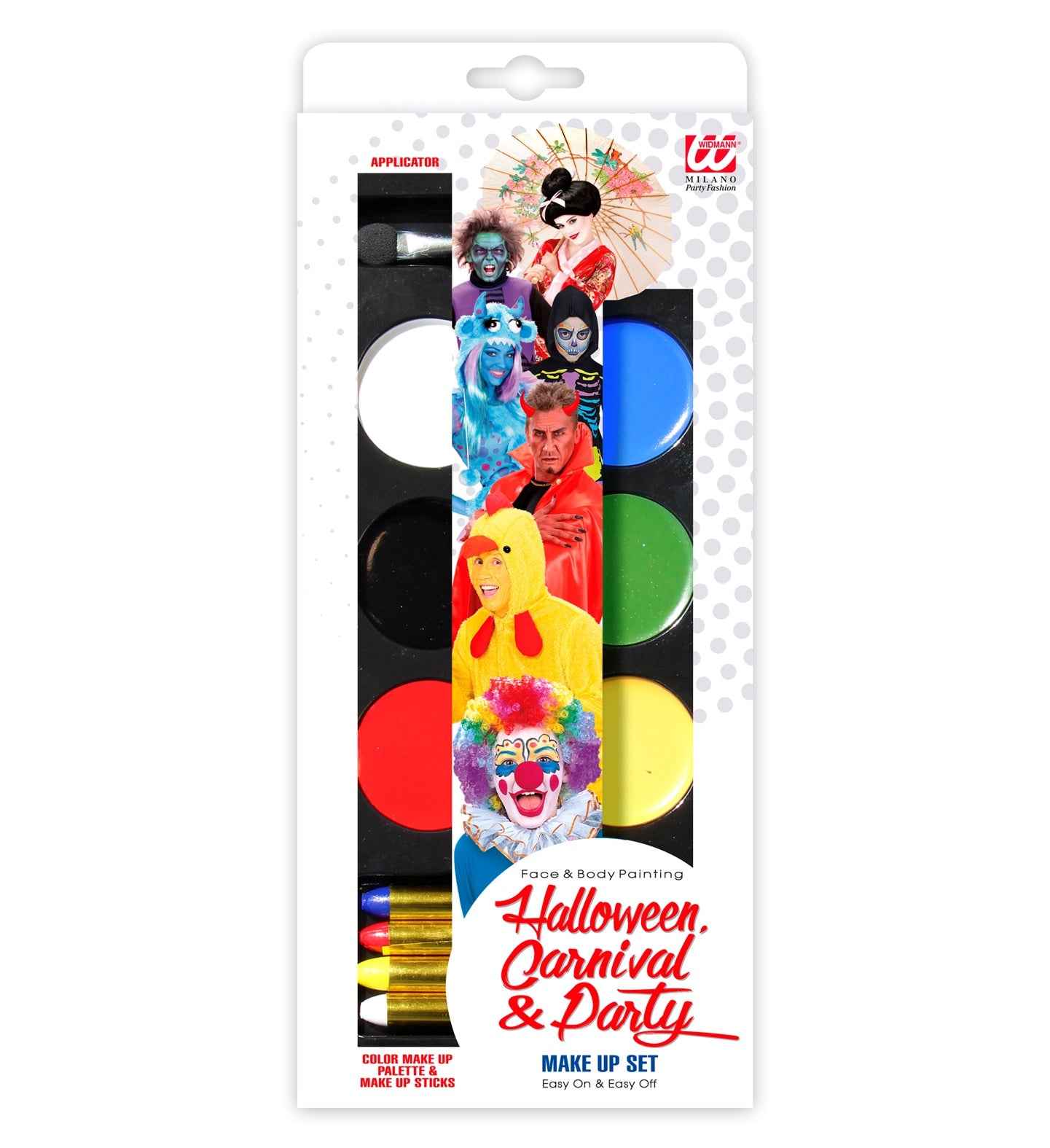 Widmann Aqua Schmink Palette mit 6 Farben, 4 Stiften und Pinselset in bunten Tönen.