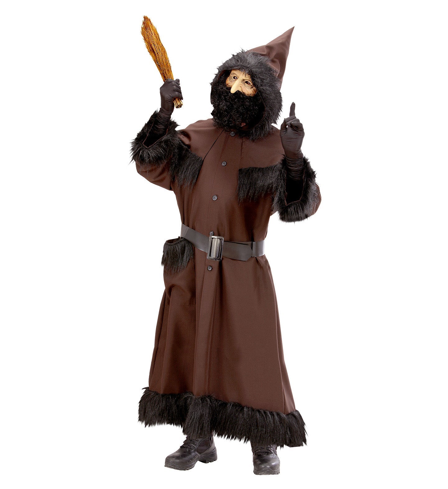 Schwarzes Kapuzenkostüm mit Gürtel und weiten Ärmeln für Nikolausfeiern.