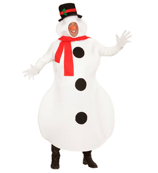 Unisex Fleece-Schneemann-Kostüm mit Karottennase, Hut, Schal und schwarzen Knöpfen.