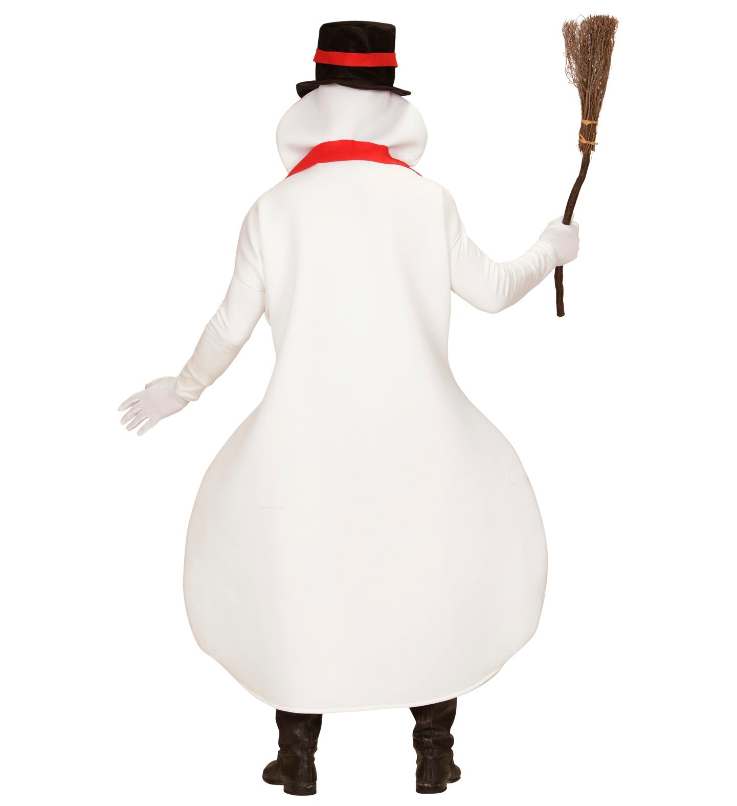 Rückansicht des unisex Schneemann-Kostüms aus Fleece mit Besen und schwarzem Hut.