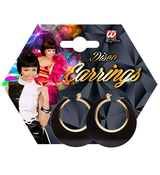 Black and gold disco clip-on earrings on hexagonal packaging with models.