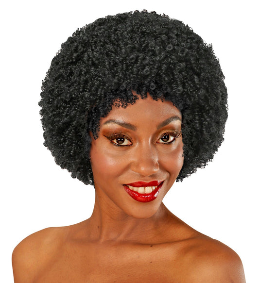Black voluminous 80s disco afro wig on a smiling woman.
