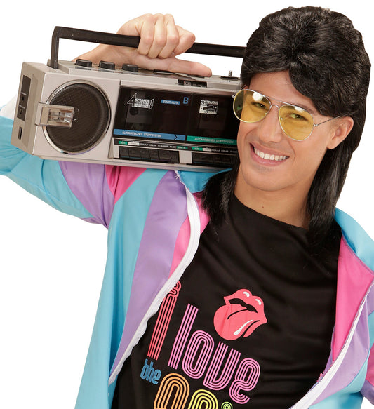 Widmann Schwarze 80er Mullet Perücke mit Retro Brille – Herrenperücke - Fasnacht24.ch