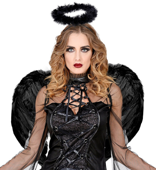 Mittelgroße schwarze Federflügel aus Federn mit elastischen Bändern als Kostümaccessoire