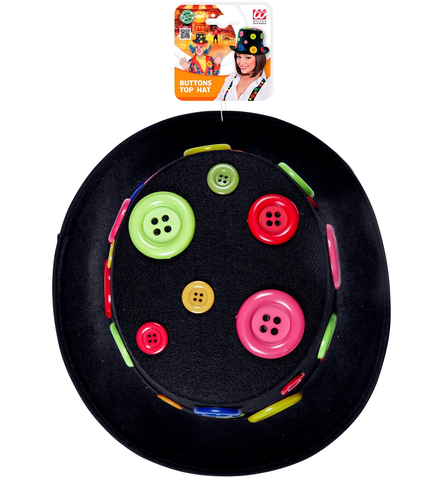 Schwarzer Clownhut mit bunten Knöpfen, stabiler Rand und leichtem Stoff für Fasching und Karneval.