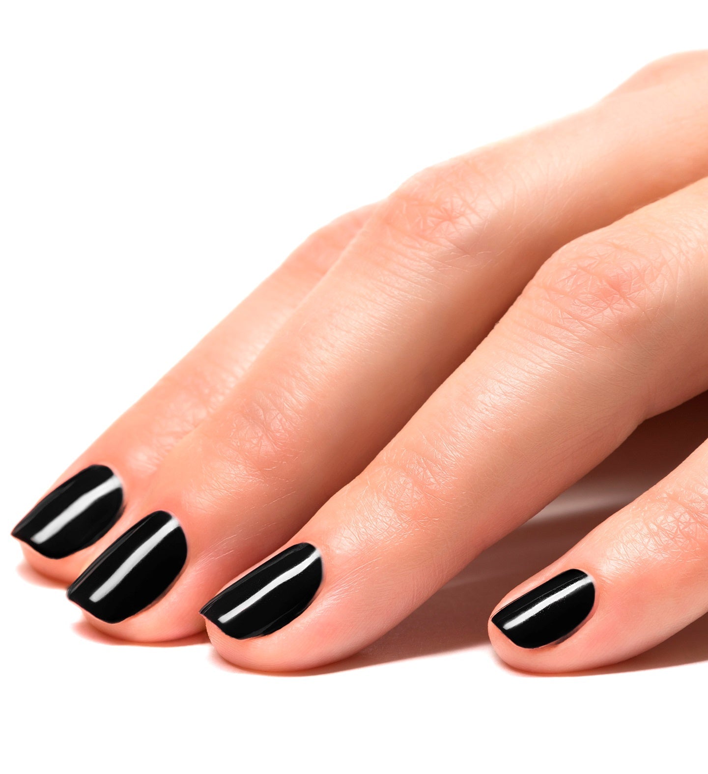 Close-up of fingers with glossy black peel-off nail polish applied.