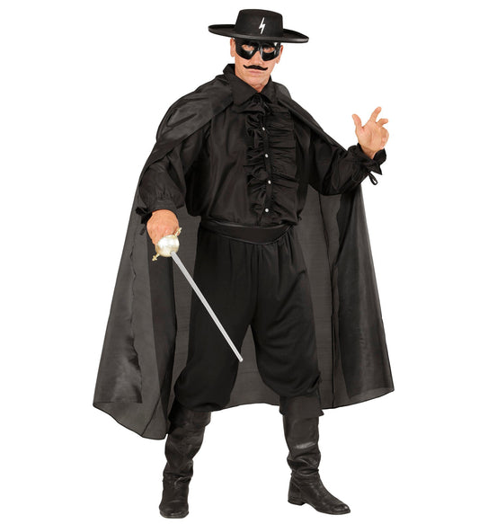Man in black ruffled shirt, cape, mask, and boots for medieval costume.