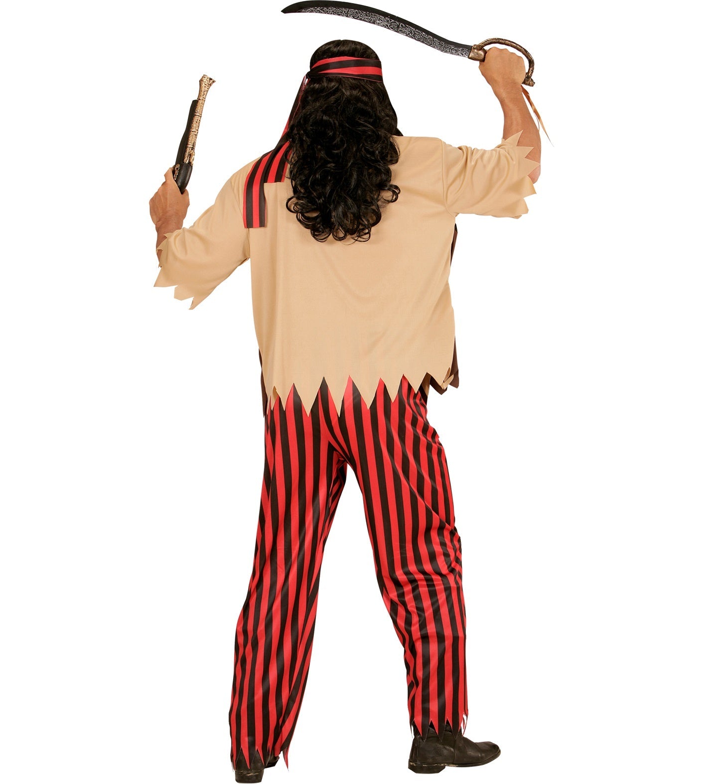 Rückenansicht eines Mannes im Piratenkostüm mit Weste, Gürtel, gestreifter Hose und Zubehör.