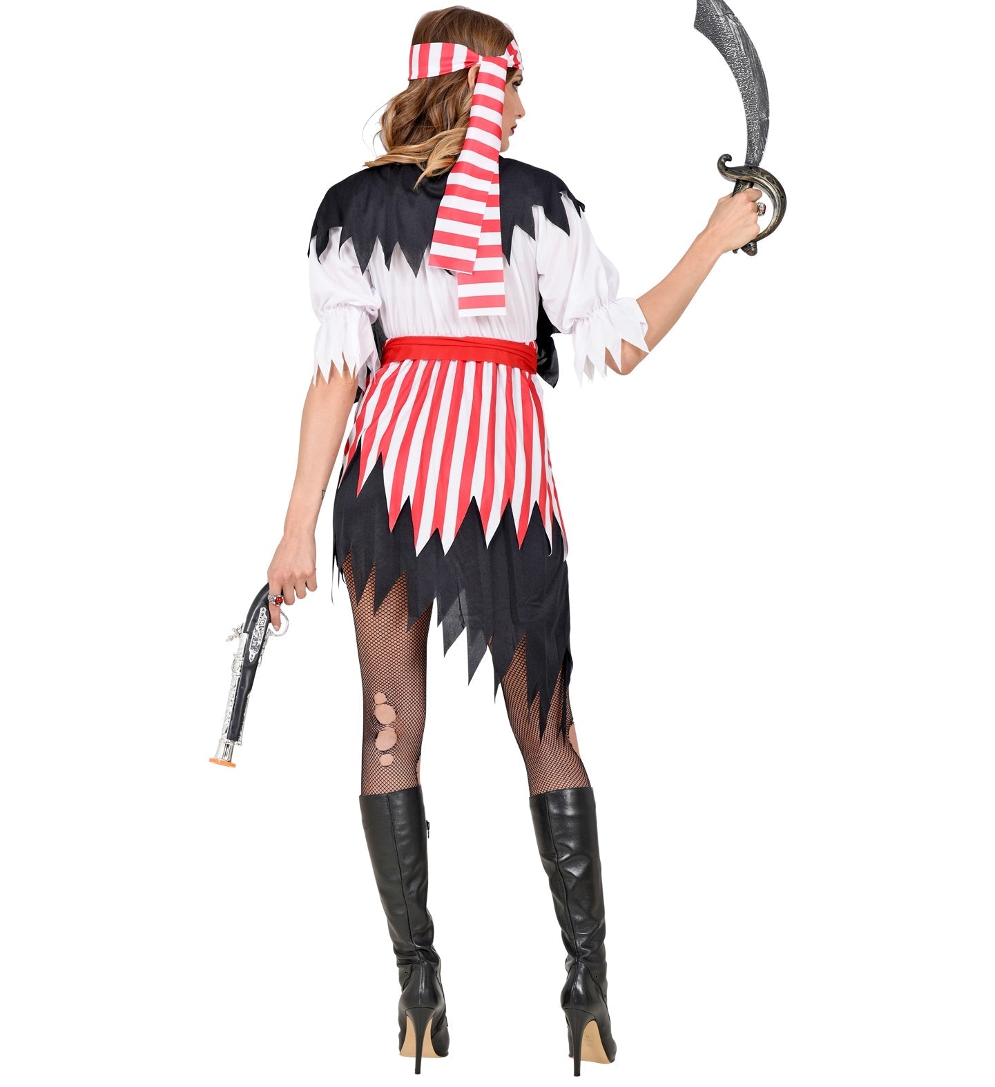 Frau von hinten in Widmann Seeräuberin Kostüm mit Kopftuch, Gürtel, Säbel und Pistole.