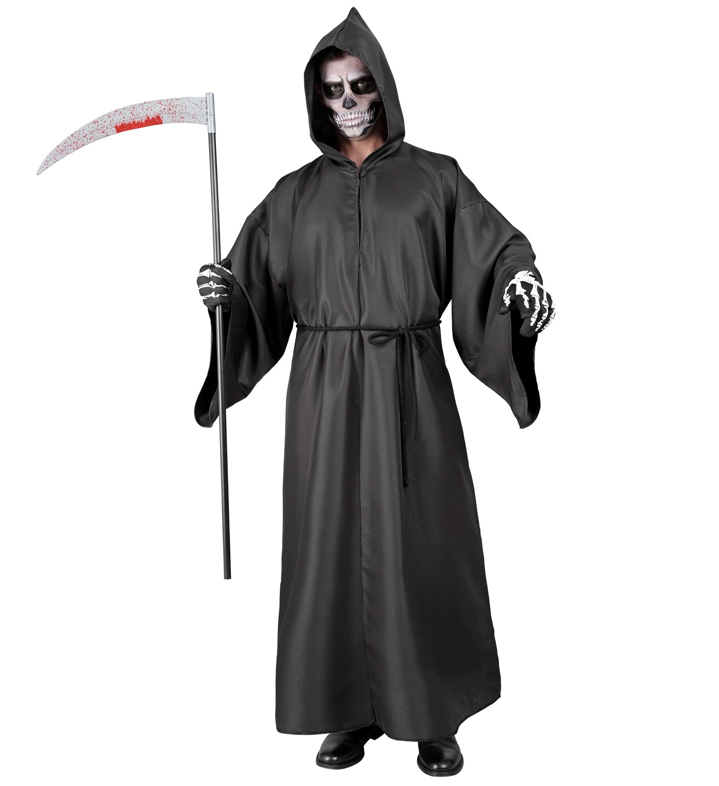 Schwarze Robe mit Kapuze und Gürtel, ideal für Halloween oder Mottopartys.