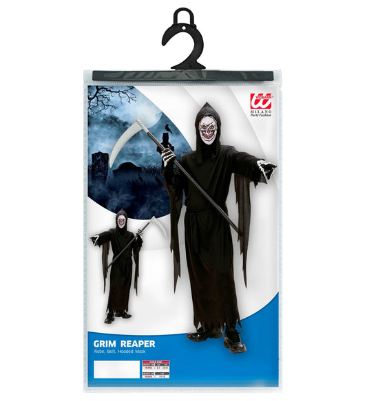 Kind trägt schwarzes Grim Reaper Kostüm mit Kapuze, Maske und Gürtel für Kinder.