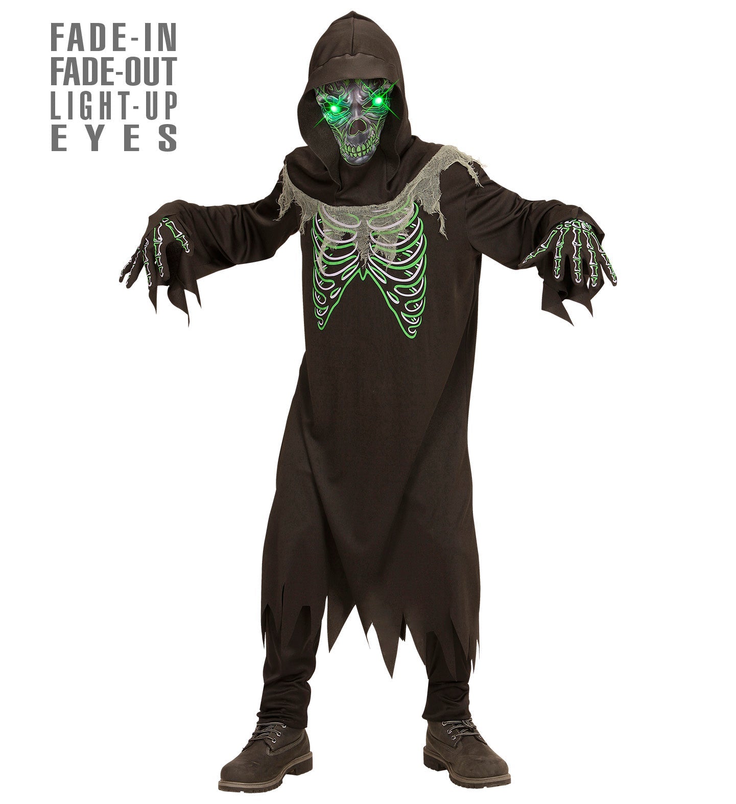 Schwarze Robe mit Kapuze und LED-Augenmaske für Kinder, ideal für Halloween.