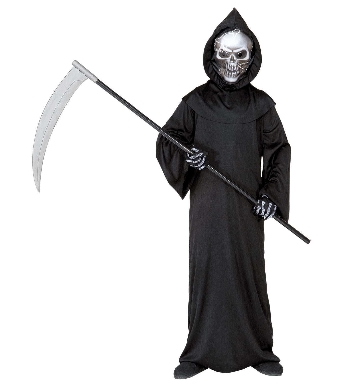 Schwarze Grim Reaper Robe mit Kapuze, Totenkopfmaske und Knochenhandschuhen für Kinder.