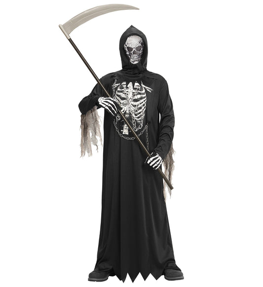 Schwarze Sensemann-Kinderrobe mit silberner Kette und Kapuzenmaske für Jungen