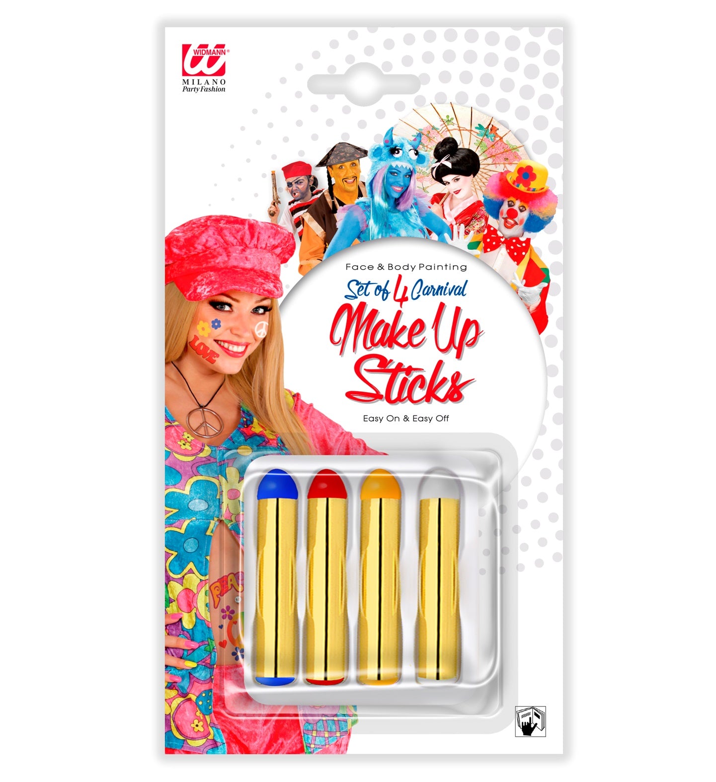 Set mit vier cremigen Schminkstiften in Rot, Blau, Gelb und Weiß für kreative Looks.