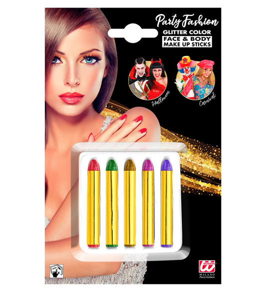 Widmann 5er Set Schminkstifte in Grün, Gold, Pink, Rot und Lila für Karneval und Halloween.