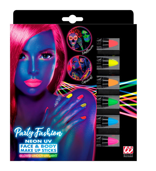 Widmann Neon UV Reactive Face & Body Paint Sticks in 6 colors.