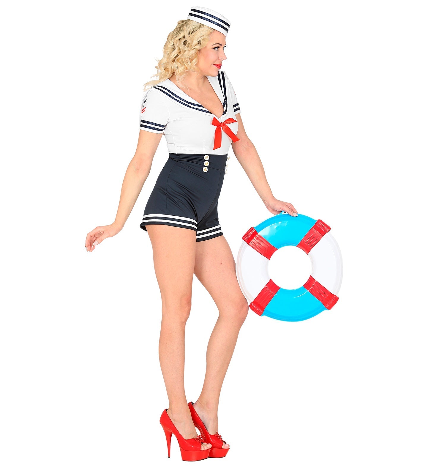 Blonde woman in sexy navy and white sailor costume holding a life preserver.
