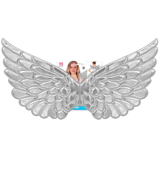 Silberne Engelsflügel aus leichtem Kunststoff mit glänzender Oberfläche und Gummibändern.