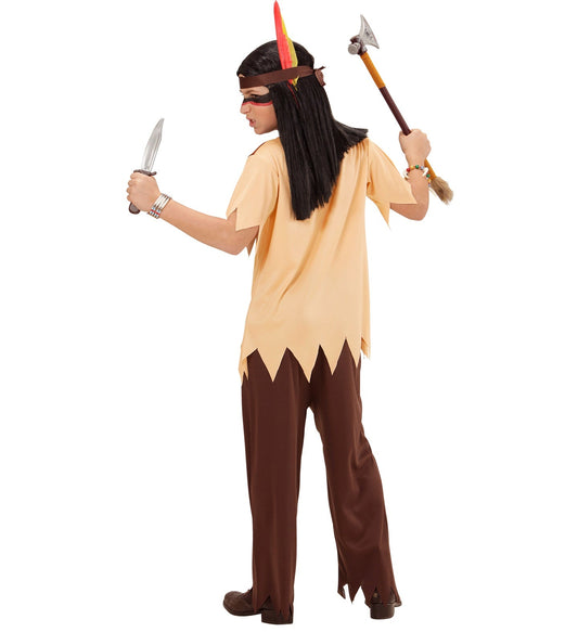 Jungenkostüm mit braunem Oberteil, Hose und Stirnband im Indianer-Siox-Stil