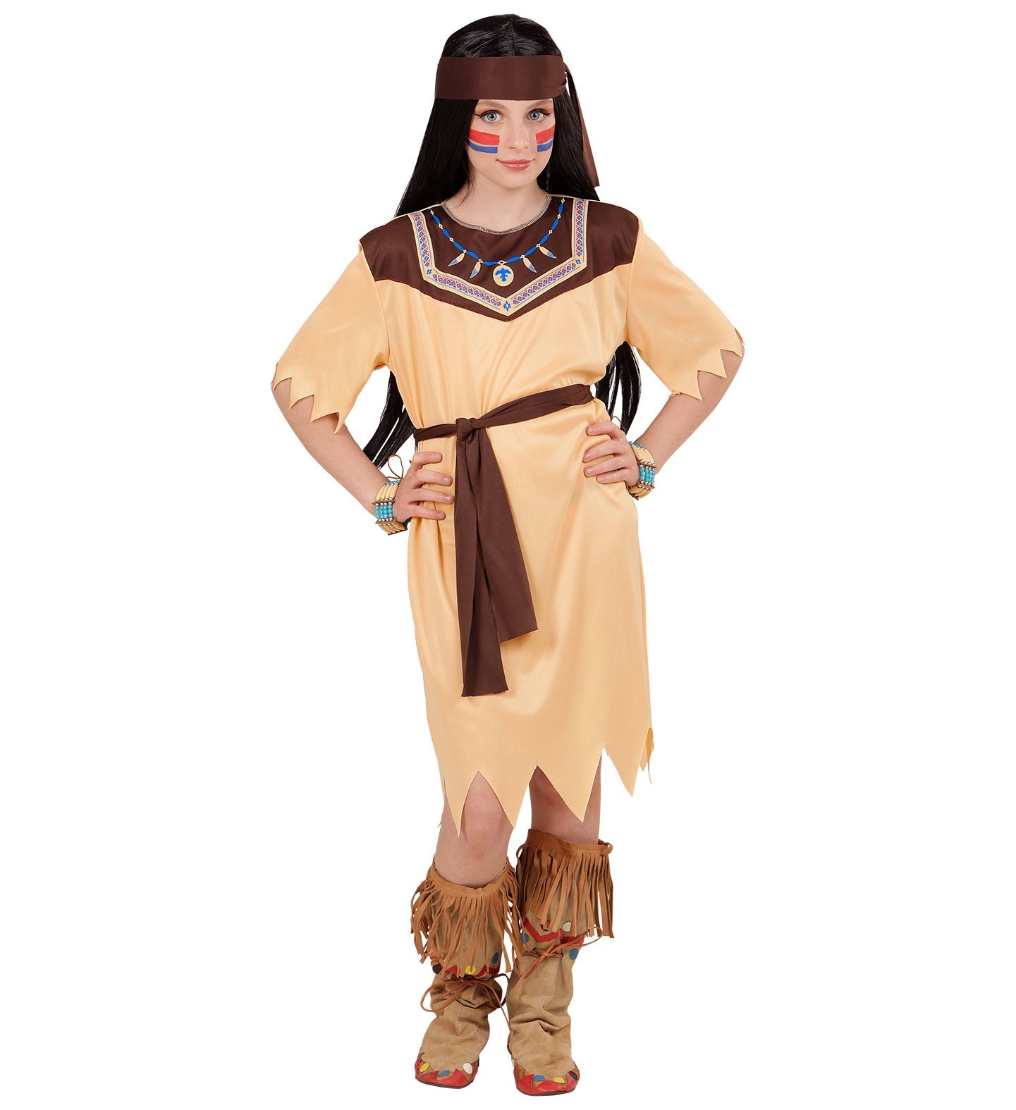 Mädchenkostüm Indianerin mit braunem Kleid, Fransen, Gürtel und Stirnband mit Perlenmuster