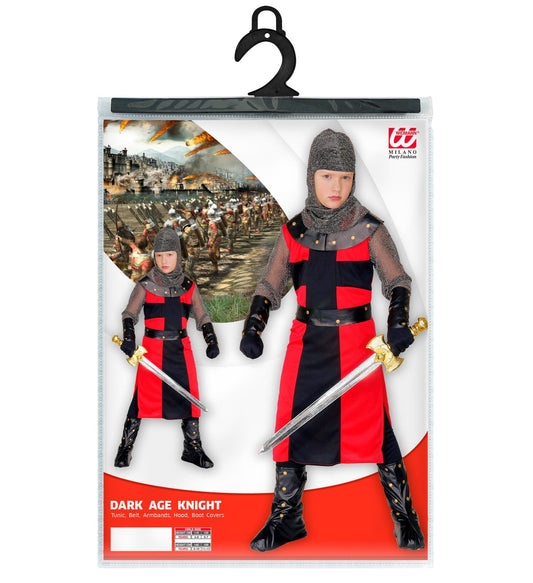 Kinderkostüm Ritter mit silbernem Helm, Tunika, Gürtel und Stiefelüberzügen in Grau und Rot.