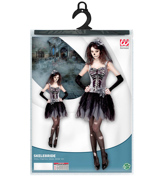 Schwarzes Damenkostüm mit Skelett-Print, Handschuhen und einem weißen Schleier.