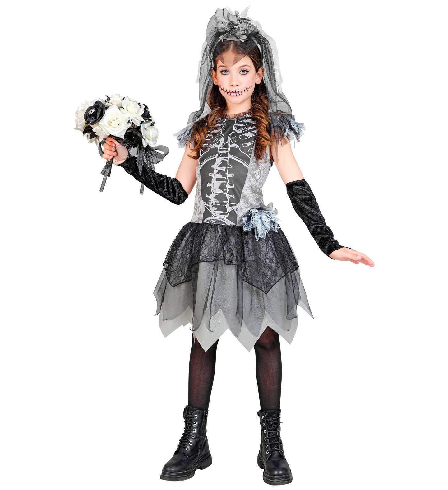 Widmann Skelett Braut Kostüm – Weißes Kleid mit Handschuhen & Schleier - Fasnacht24.ch