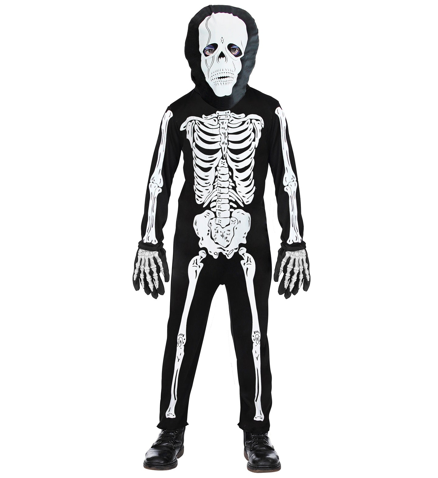 Schwarz-weißer Overall und Maske, die ein fröhliches Skelett für Kinder darstellen.