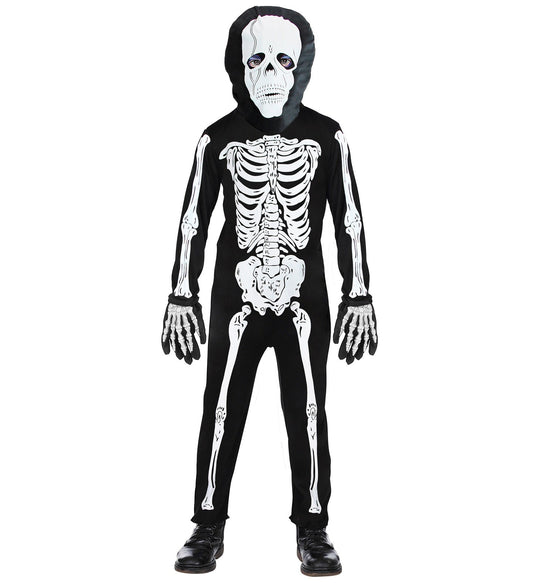 Schwarz-weißer Overall und Maske, die ein fröhliches Skelett für Kinder darstellen.