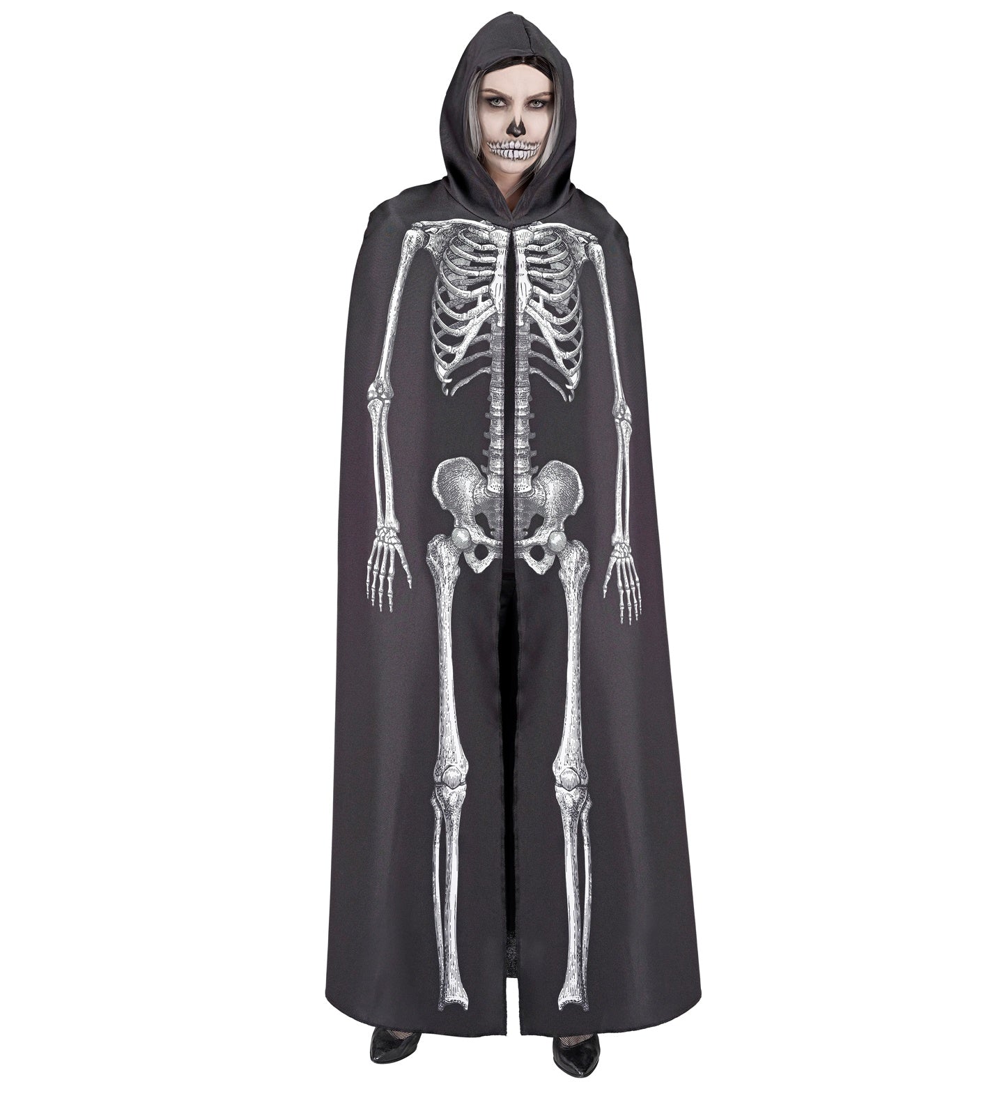 Schwarzer Umhang mit weißem Skelettdruck und Kapuze, 150 cm lang, Halloween-Kostüm