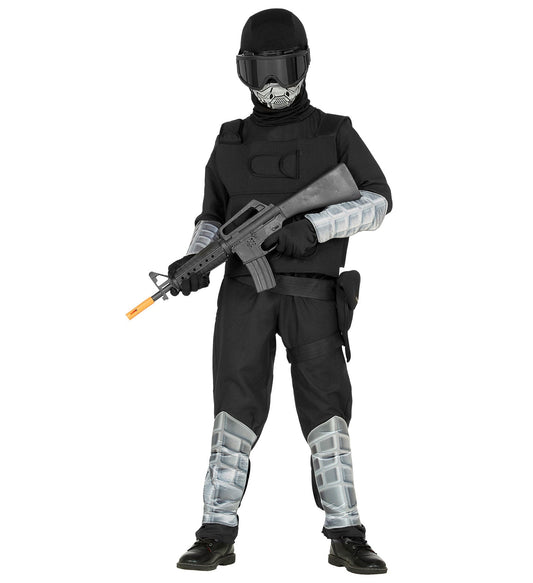 Child in black Special Forces uniform set with tactical vest, mask, goggles, toy rifle, and pads.
