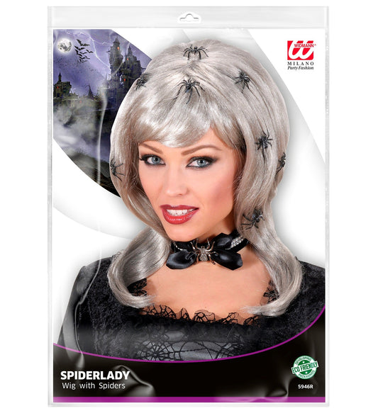 Widmann Halloween Perücke – Spider Lady Wig Grau Mit Spinnen - Fasnacht24.ch