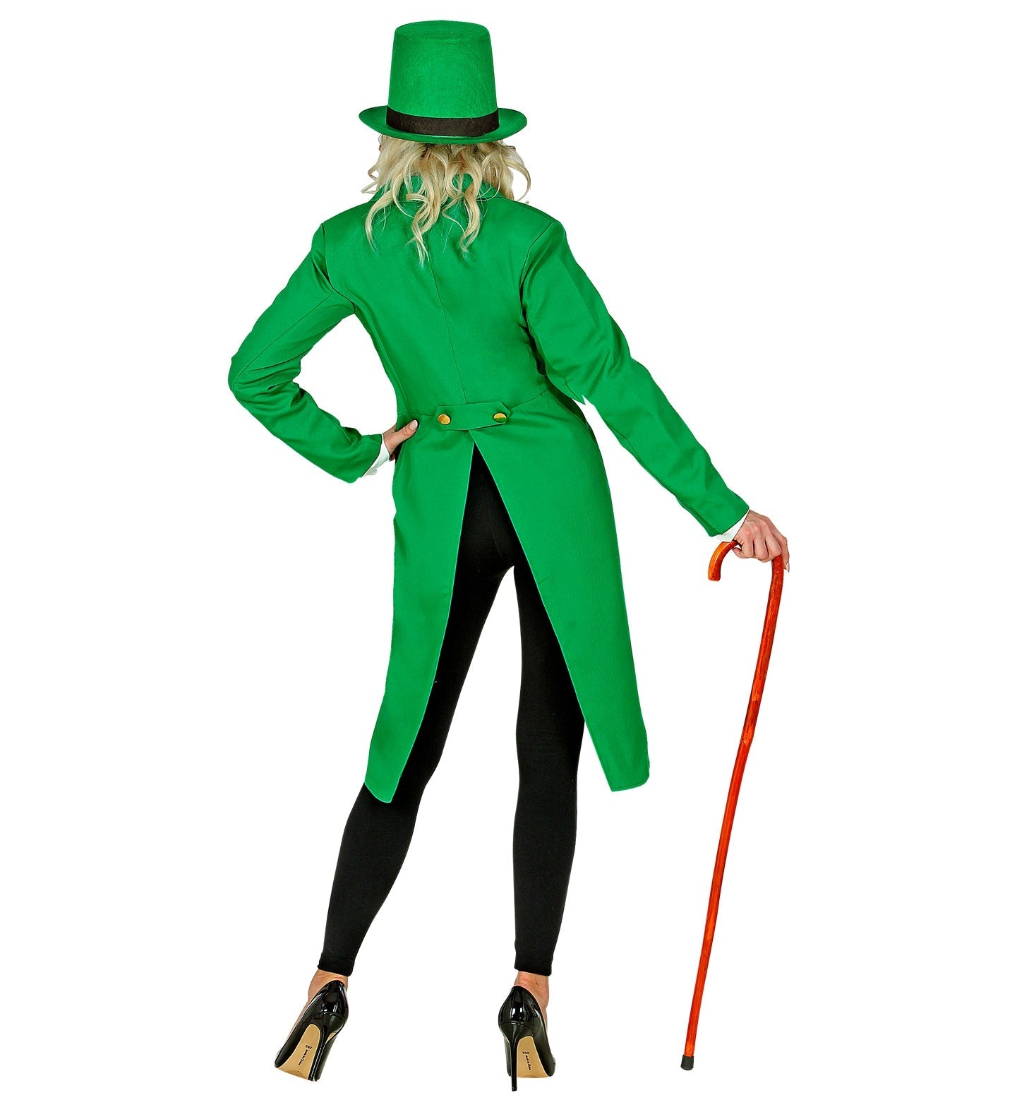 Rear view of a woman in a shamrock green tailored frack jacket, black leggings, green top hat, and red cane.