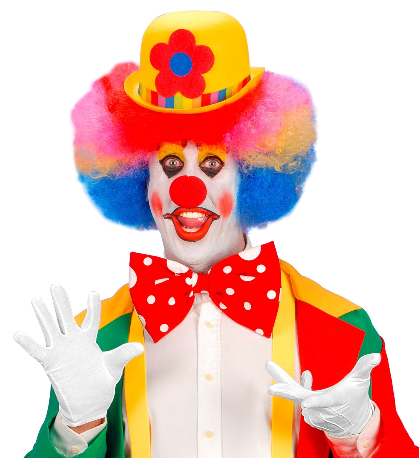 Kids' clown costume set with colorful top, pants, and hat.