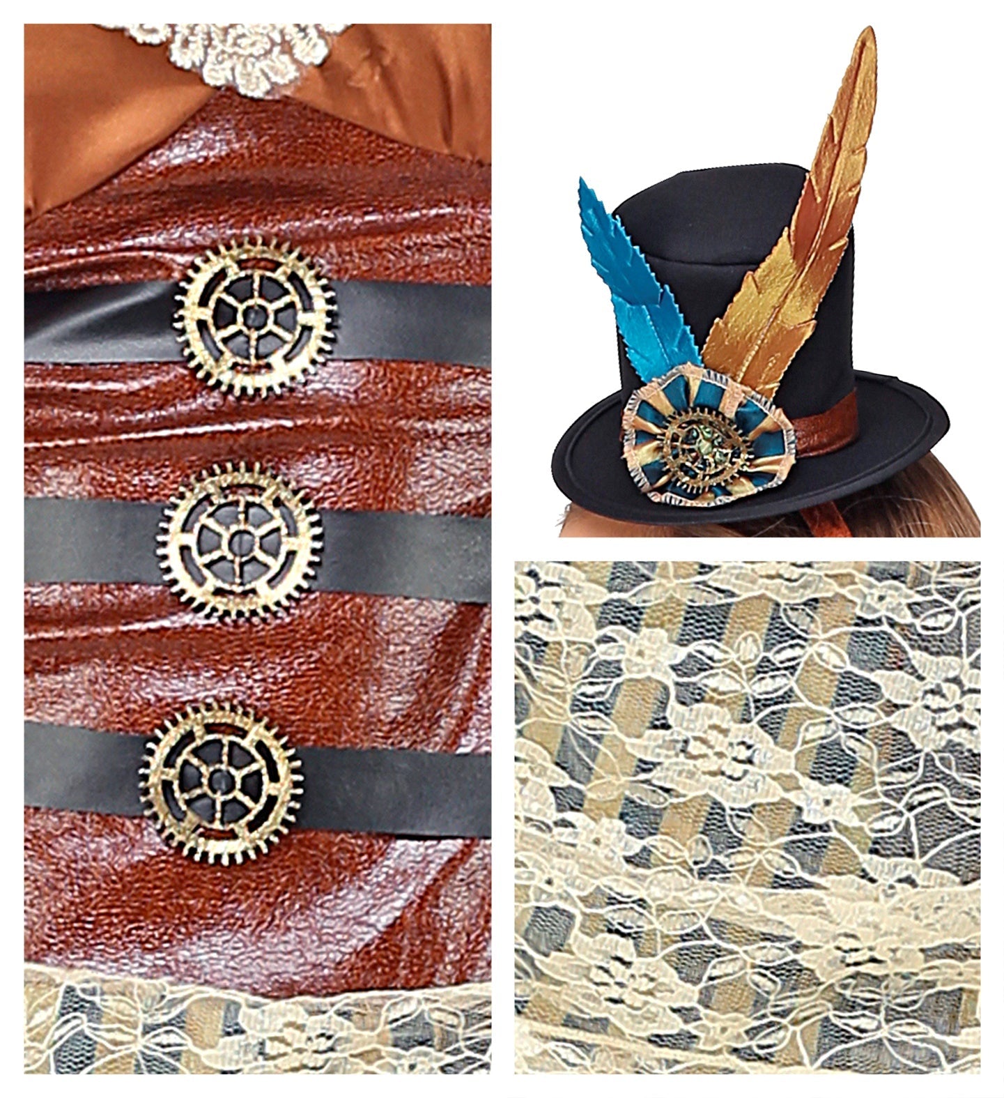 Steampunk lady costume with orange dress, gear accents, choker, gloves, and mini top hat.