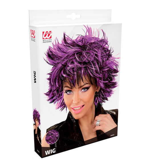 Black and purple 80s-style disco wig for women in Widmann packaging.