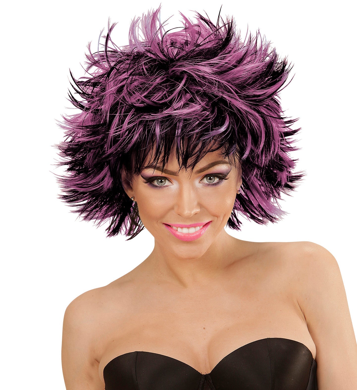 Women's black and purple 80s-style disco wig with voluminous, spiky layers.