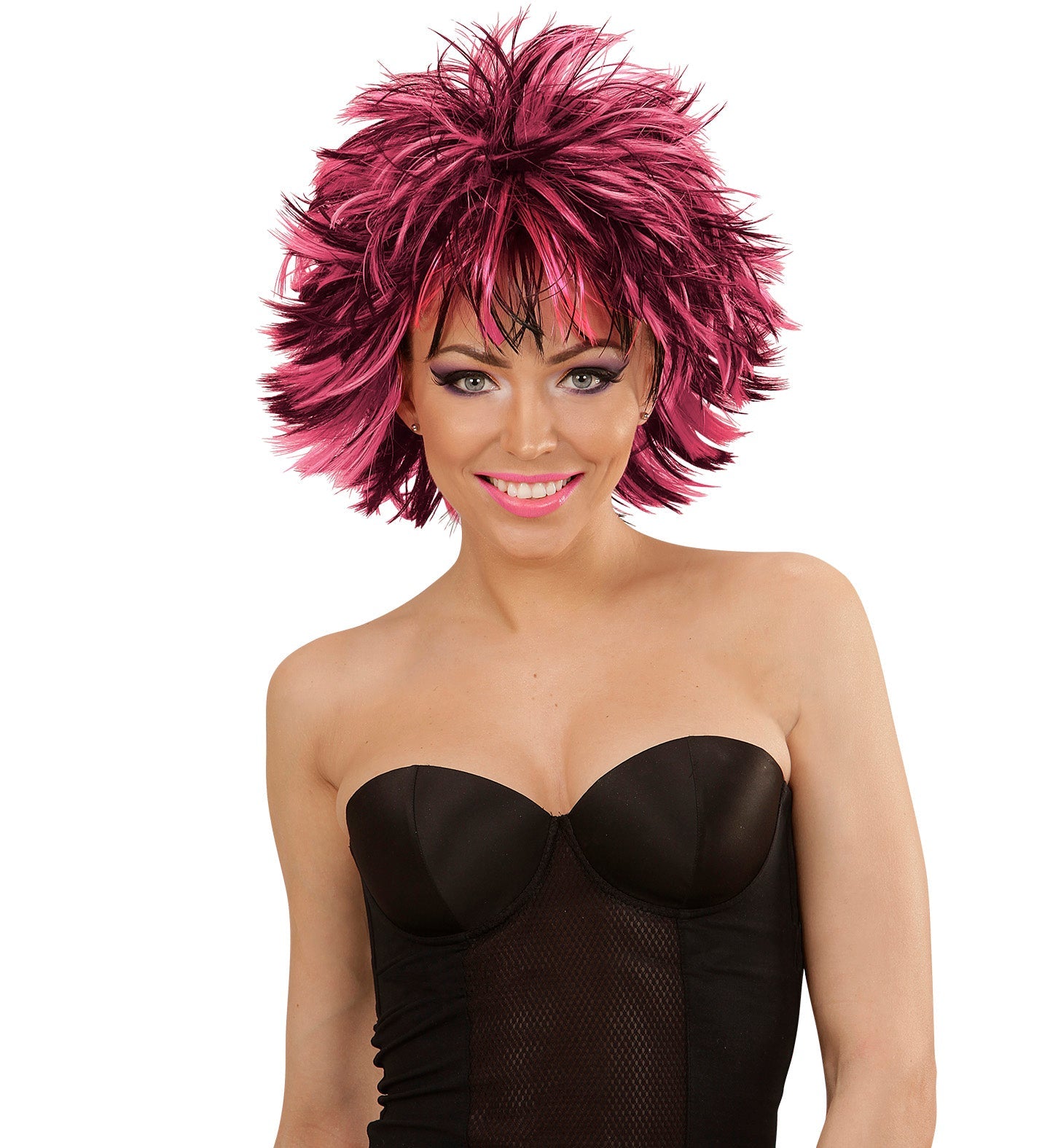 Damen-Disco-Perücke in Schwarz-Pink aus Kunstfaser mit steamy Styling.