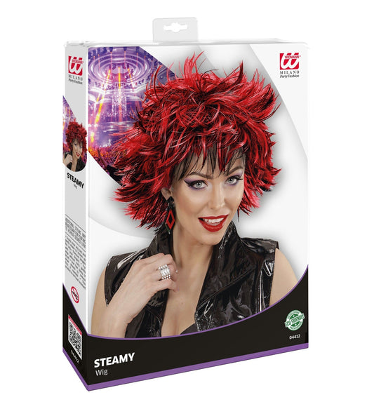 Black and red synthetic 80s-style disco wig in boxed packaging.