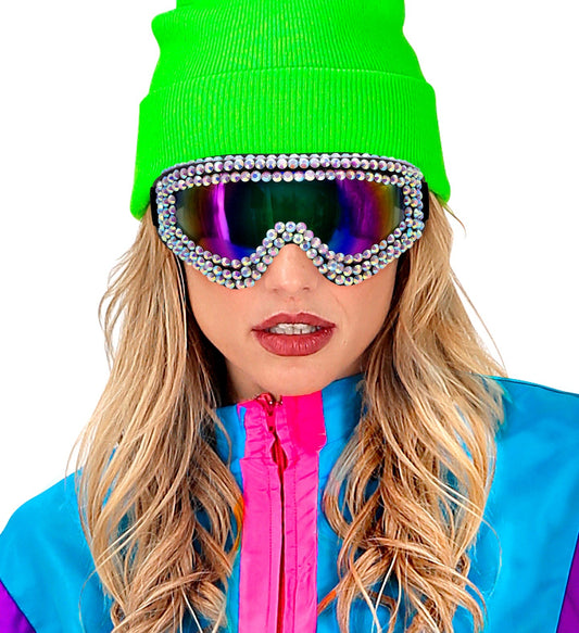 Vintage Skibrille mit funkelnden Strasssteinen und getönten Polycarbonatgläsern im 80er-Jahre-Stil