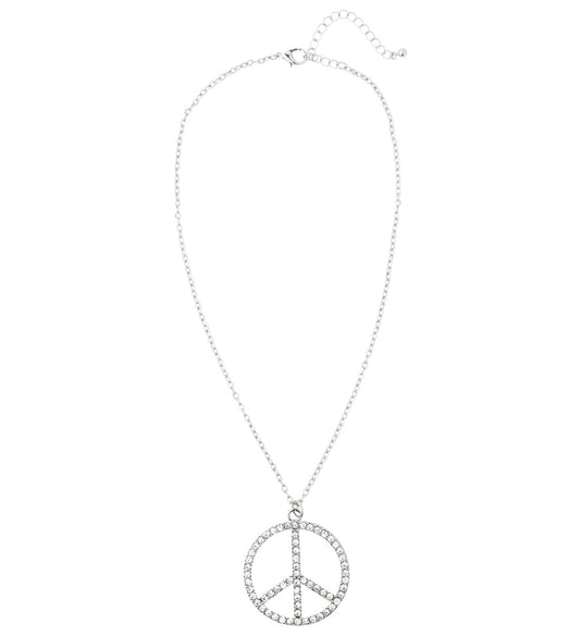 Silberne Strass-Halskette mit Peace-Anhänger, verstellbare Länge 38-43 cm.