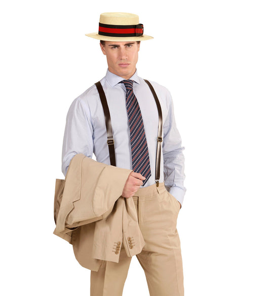 Beiger Strohhut mit schwarzer Schleife und rotem Band aus natürlichem Stroh